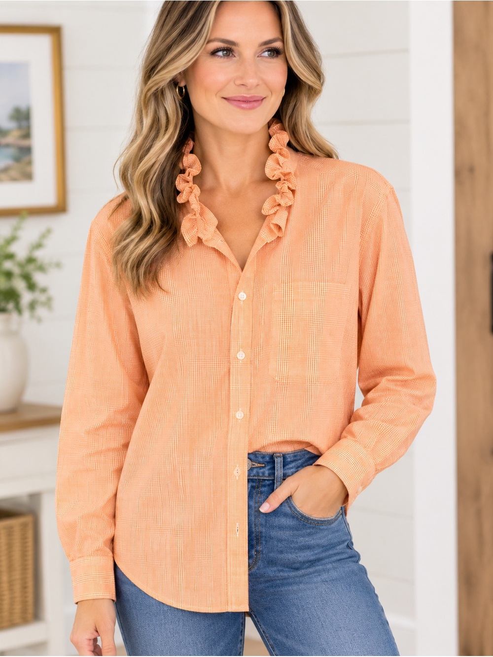 Chaps Peach Ruffle-Collar Button Down Shirt